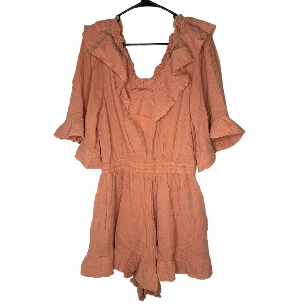 Free The Roses Ruffle Detail Romper Rust Size L Drawstring Waist V Neck Muslin - Picture 2 of 13